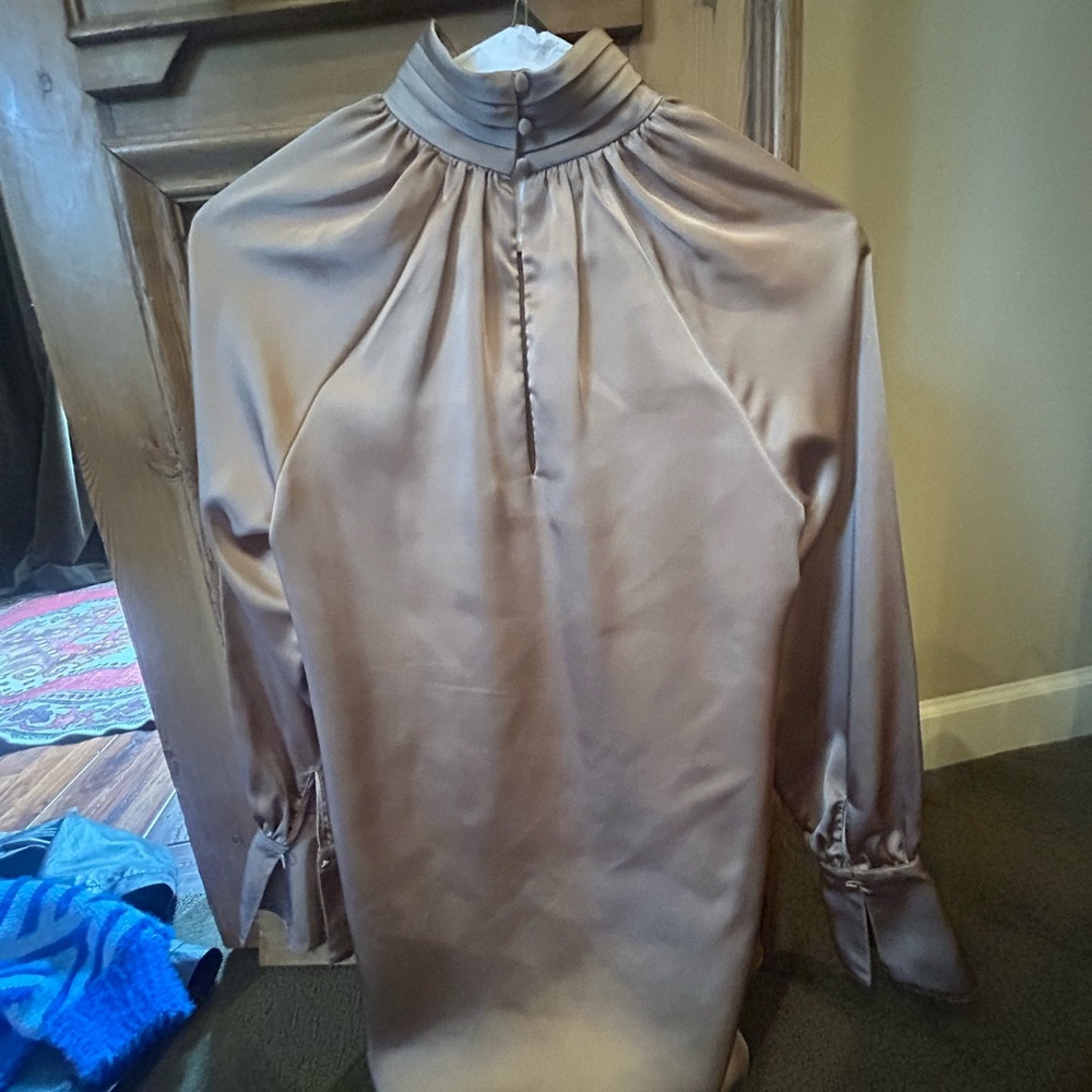 Joie Satin High-Neck Blouse in Taupe